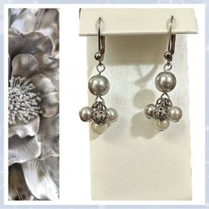 Shades of silver Pearls with Silver tone Accents. Lever Back Earrings
